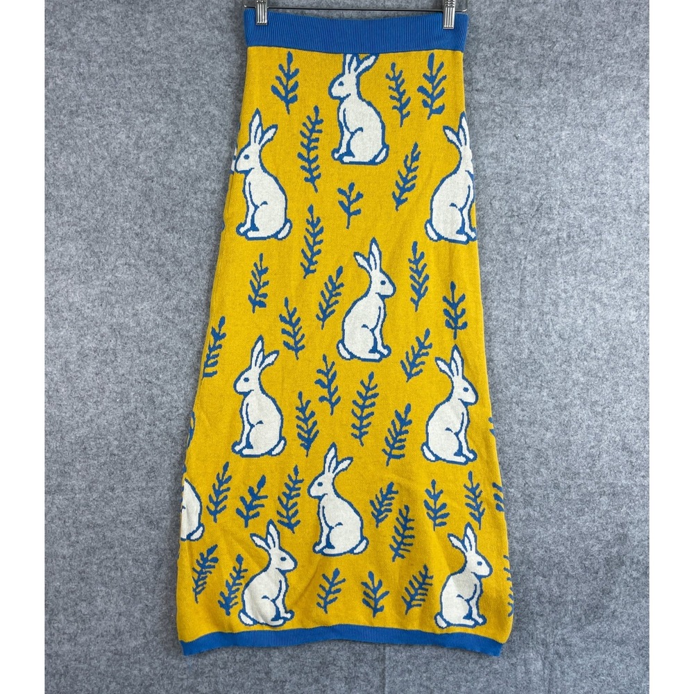 Rabbit Print Knit Maxi Skirt Womens Small Yellow Blue Pull On Cotton Boho